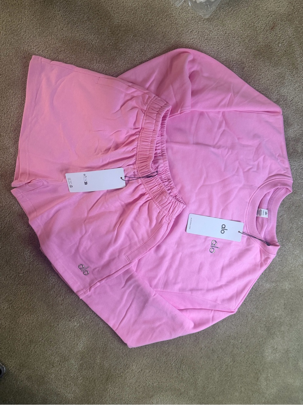 ALO Yoga Pink Crewneck Sweatshirt and Shorts